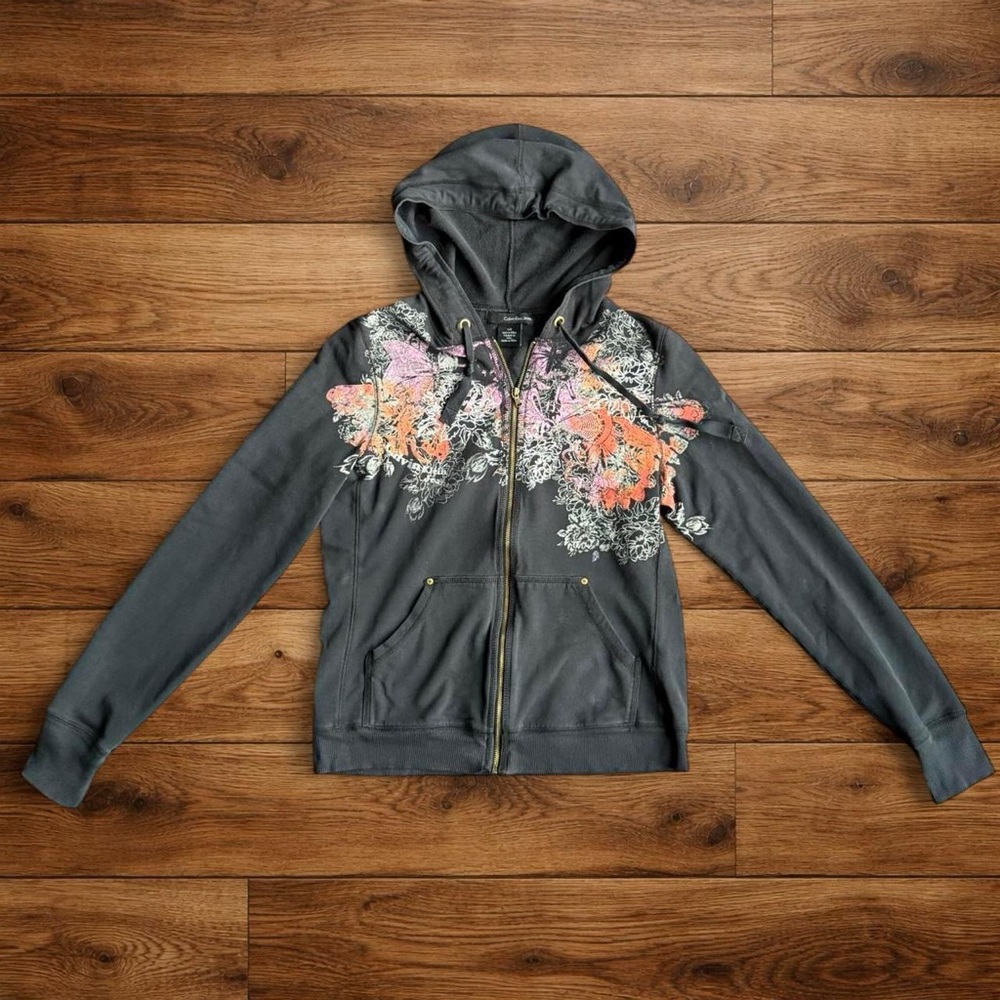 Calvin Klein Jeans Charcoal Hoodie with Floral Embroidery